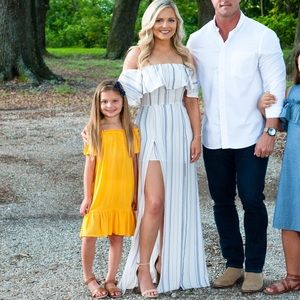 Blue and white off shoulder pinstripe maxi dress